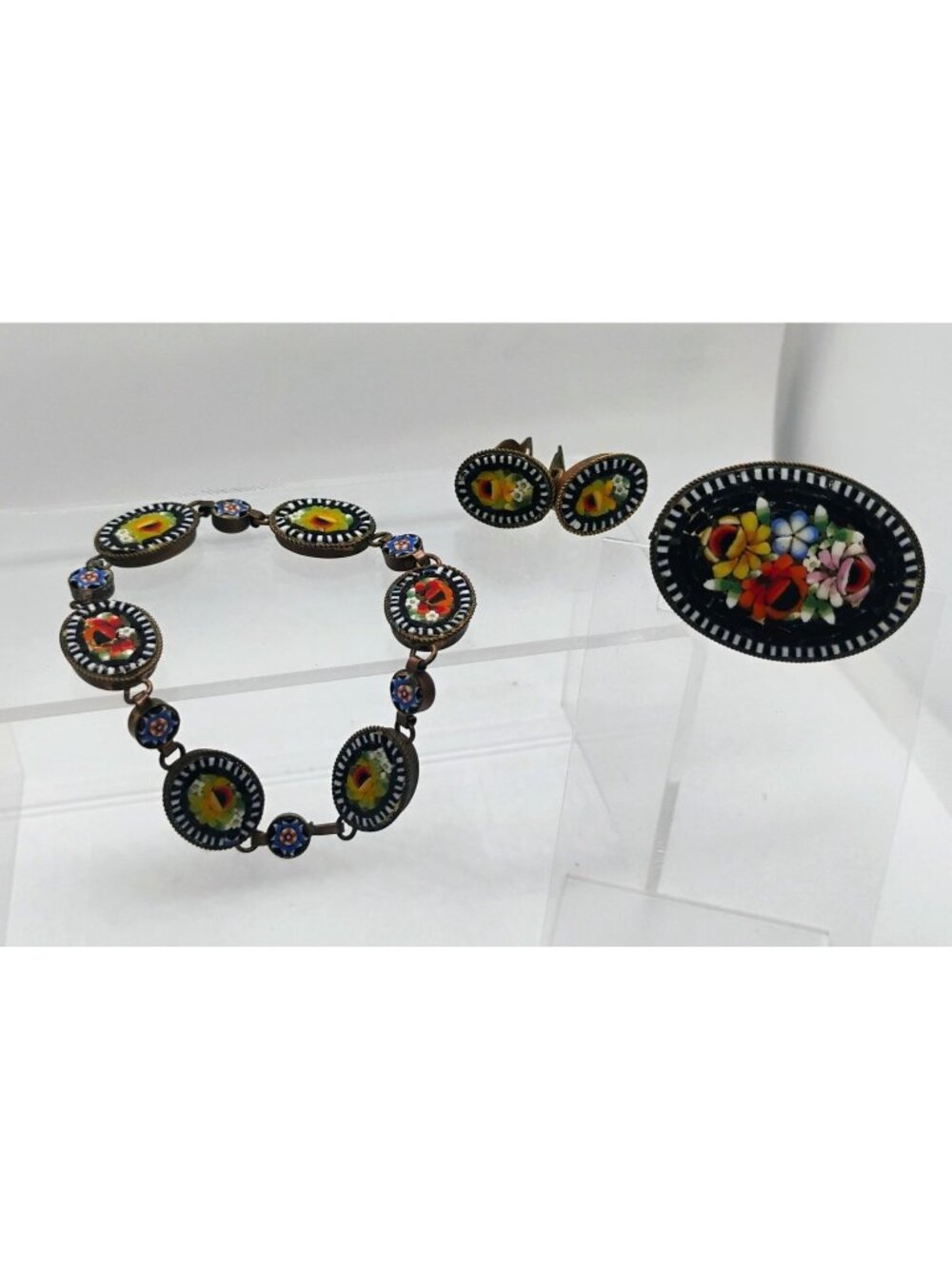 Vtg Italy Micro Mosaic Jewelry Set Bracelet Brooch Clip-on Earrings